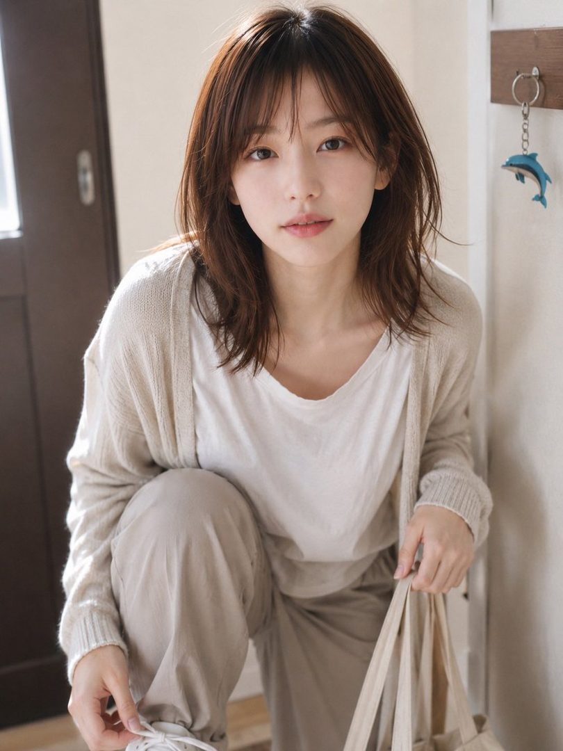 A young woman with brown hair and bangs, wearing a beige cardigan and white t-shirt, crouches indoors while holding a tote bag.