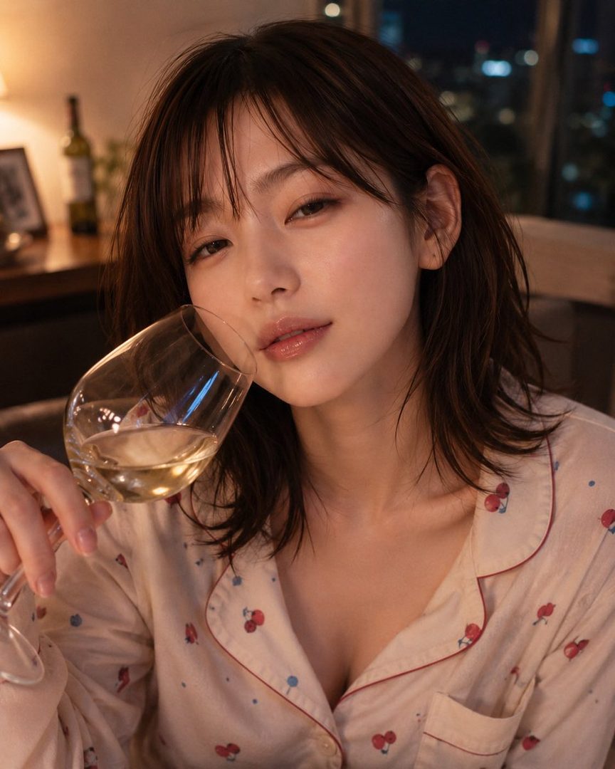 A young woman with dark brown messy bob hair, wearing cherry-print pajamas, holds a glass of white wine in a dimly lit room at night.