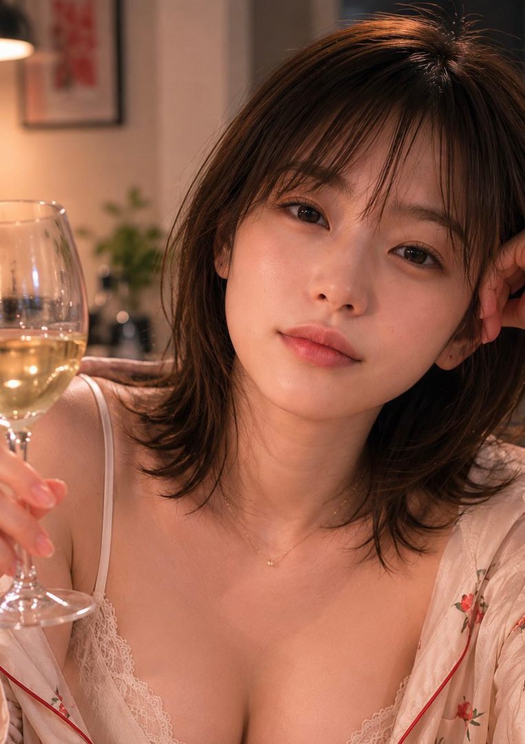 A woman with brown hair and bangs holds a wine glass, wearing a camisole and a floral robe, in a warm indoor setting.
