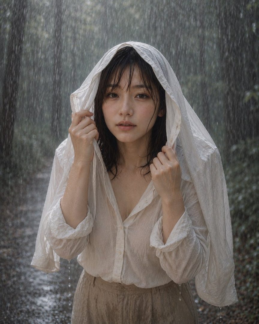 A woman with dark hair and a white sheer shirt stands in the rain in a forest, looking directly at the camera.