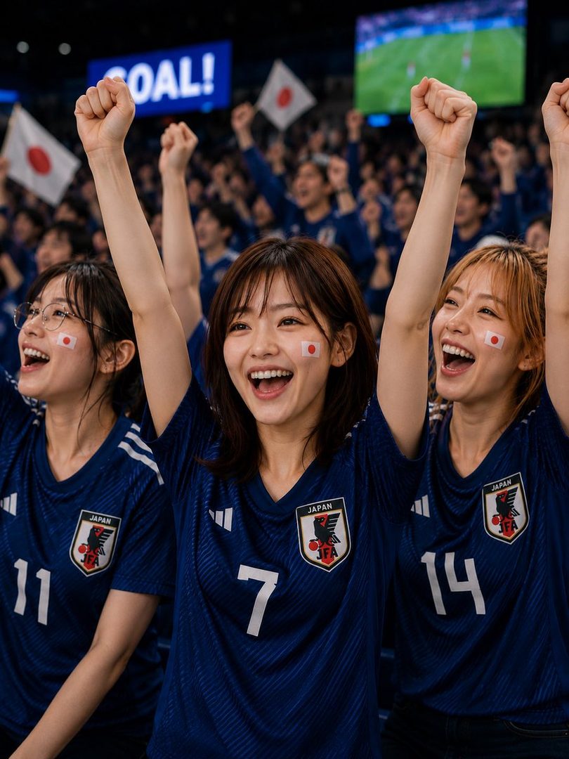 Three excited Japanese women in blue soccer jerseys cheer with their arms raised in a stadium, with a 'GOAL!' sign visible in the background.