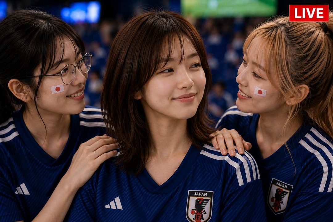 Three young Japanese women in soccer jerseys with Japan flags painted on their cheeks, smiling and watching a game in a stadium.