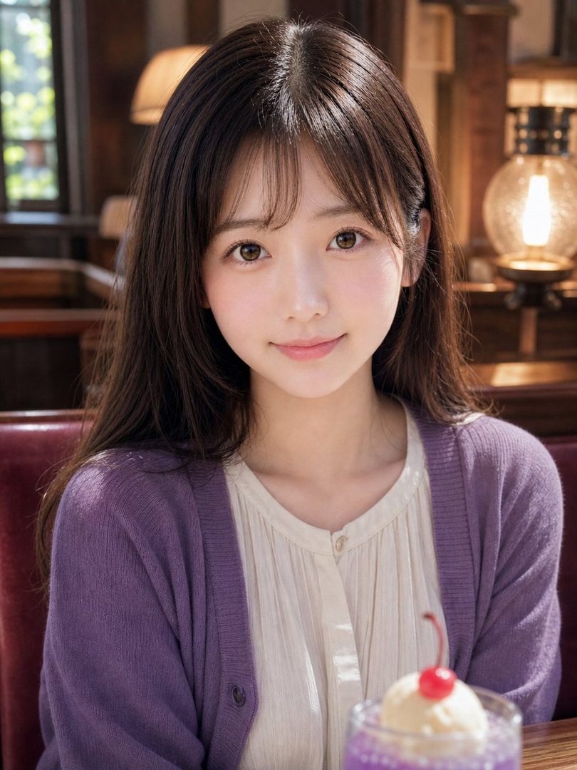 A photorealistic portrait of a young East Asian woman with long brown hair and bangs, wearing a purple cardigan over a light-colored blouse, sitting indoors with a drink.