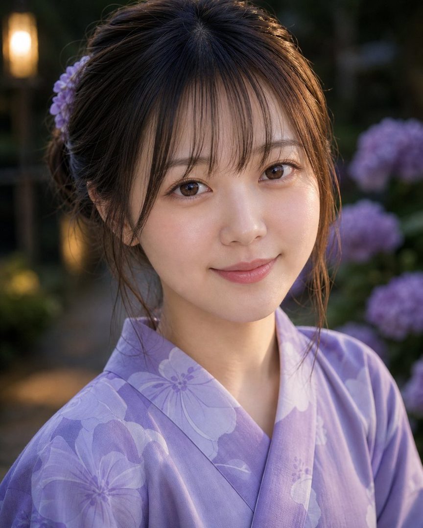 A beautiful woman with brown hair and bangs smiles gently while wearing a purple yukata with floral patterns, standing outdoors during golden hour.