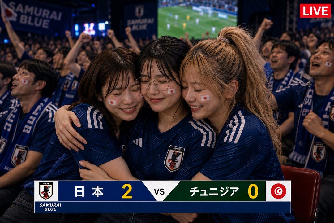 Three young Japanese women in soccer jerseys with Japanese flag face paint embrace joyfully while watching a soccer match in a stadium.