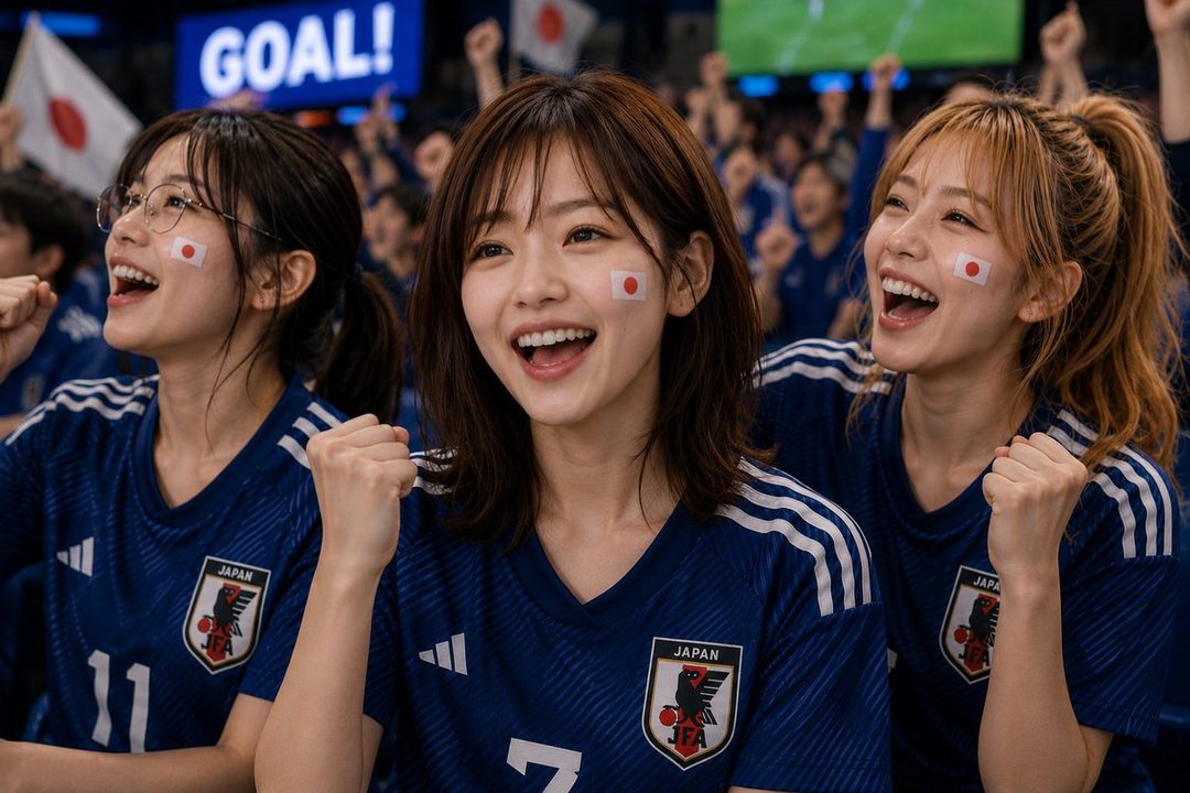 Three young women in Japan national football team jerseys cheer excitedly in a stadium, with Japanese flag face paint on their cheeks.