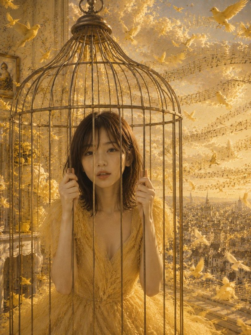 A woman with brown hair in a yellow dress is depicted inside a large golden birdcage, with a fantastical city and numerous golden birds flying in the background.