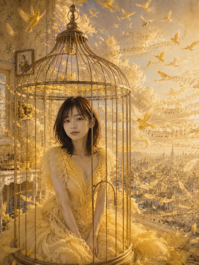 A woman in a golden feathered dress sits inside a large birdcage, surrounded by a surreal golden cityscape with birds and musical notes flying in the sky.