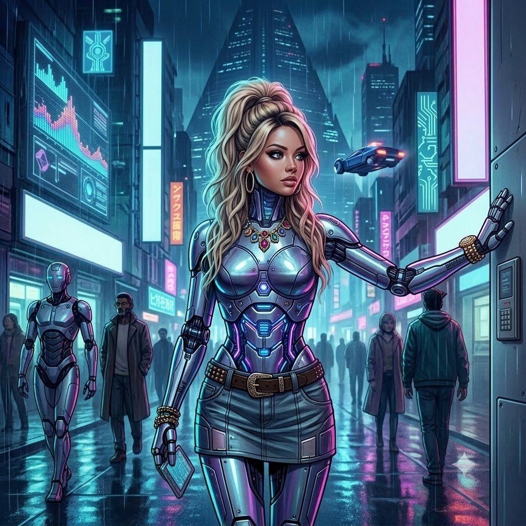 A blonde cyborg woman in a denim skirt stands on a rainy futuristic city street at night, surrounded by neon signs and other robots.