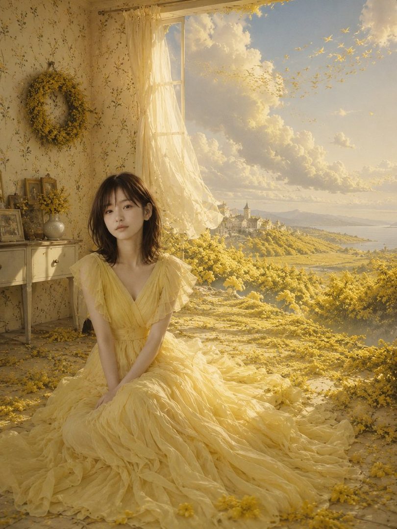 A woman in a flowing yellow dress sits by a window overlooking a surreal landscape filled with yellow flowers and a distant castle.