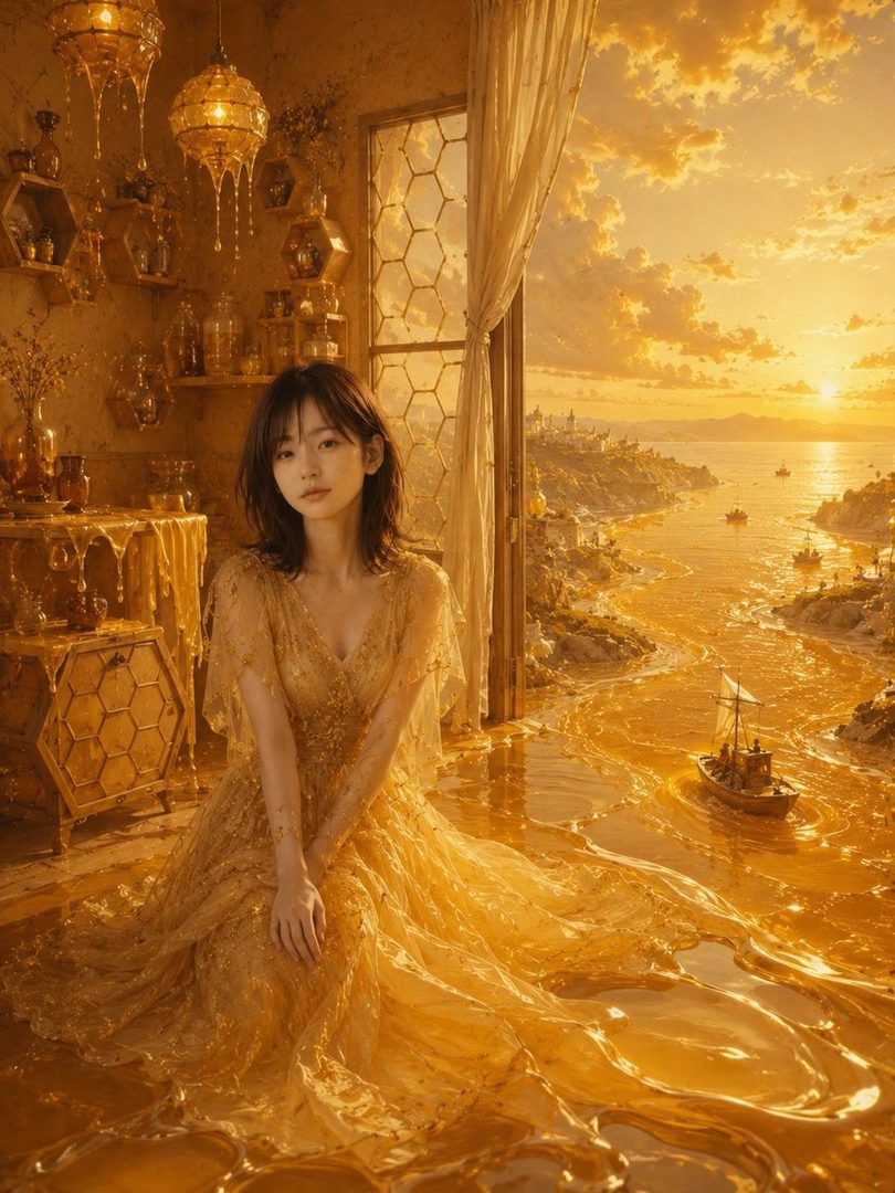 A woman in a golden dress sits in a room filled with honey, looking out at a golden sunset over a honey-filled sea.