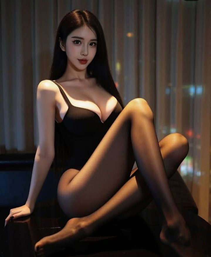 A woman with long black hair and a black top poses indoors, looking at the camera.