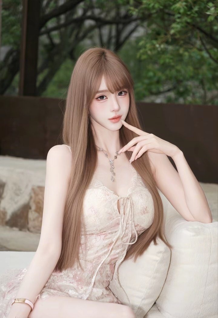 A photorealistic portrait of a woman with long blonde hair and bangs, wearing a light pink lace dress, sitting outdoors.