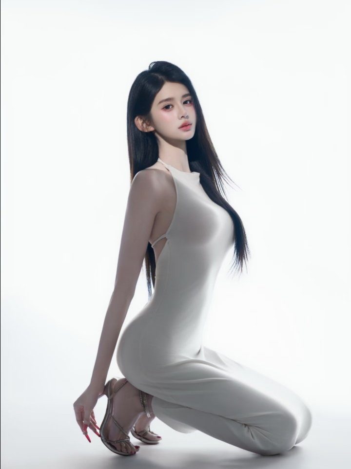 A photorealistic image of a woman with long black hair wearing a form-fitting white dress, kneeling in a studio setting.