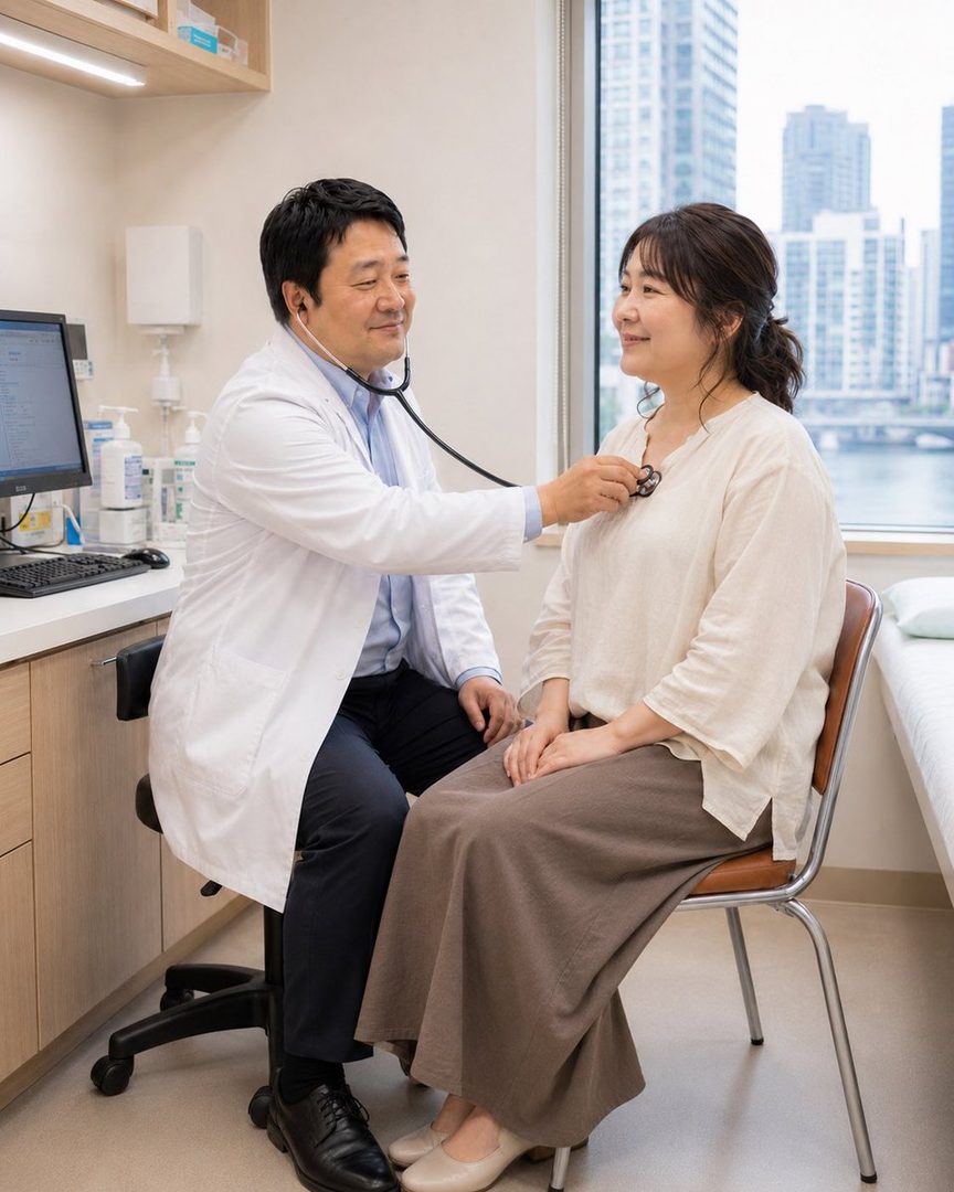 A male doctor in a white lab coat uses a stethoscope to examine a female patient sitting in a doctor's office with a city view outside the window.