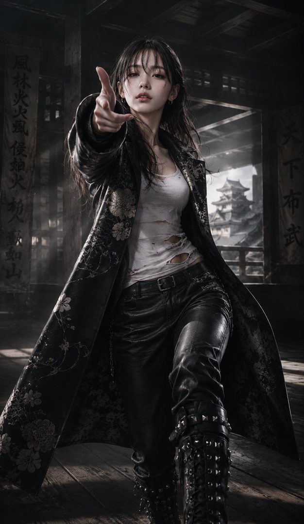 A fierce woman with long black hair and a ripped white t-shirt, leather pants, and a black kimono-style coat with floral patterns, points forward in a traditional Japanese setting with a pagoda in the background.