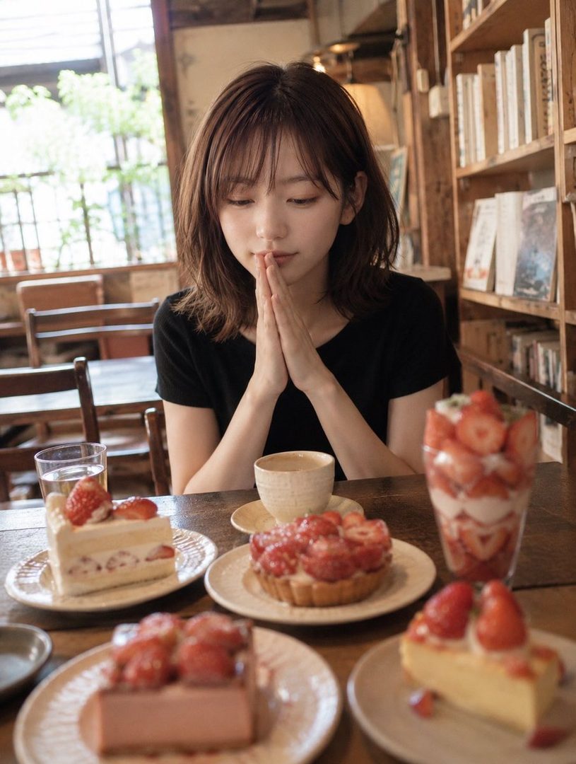 A young woman with short brown hair and a black t-shirt sits at a cafe table with several strawberry desserts, her hands clasped in front of her, with a bookshelf in the background.