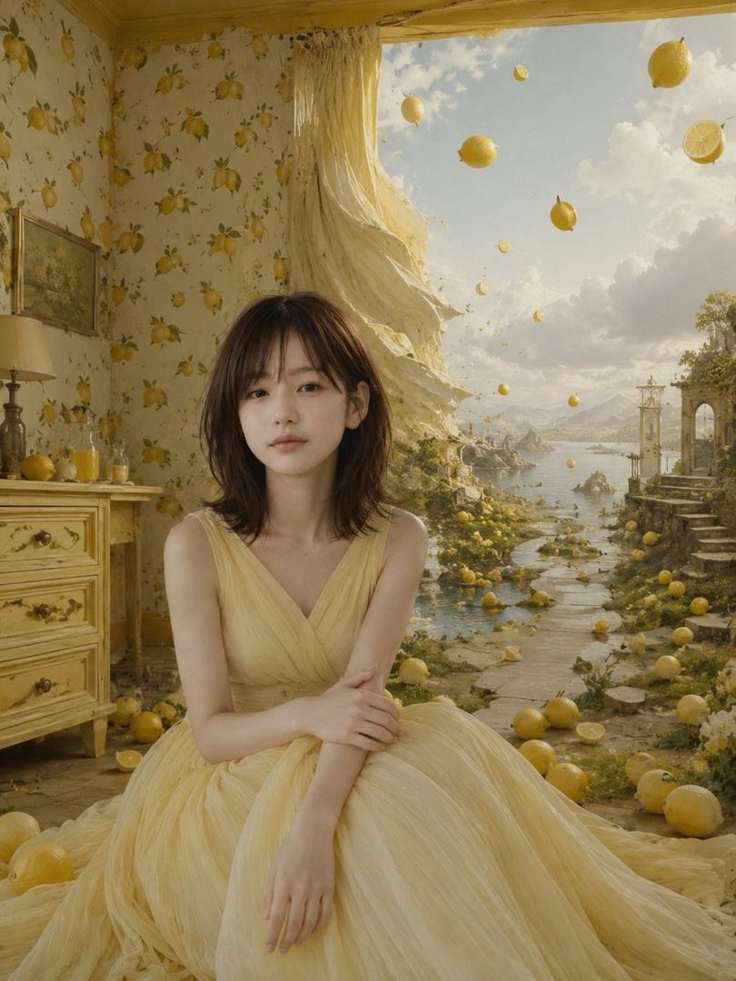 A young woman in a yellow dress sits in a surreal room with lemon-patterned wallpaper, looking out onto a fantastical landscape filled with floating and scattered lemons.