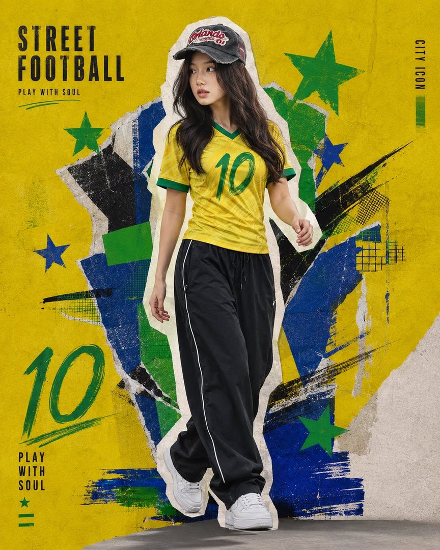 A woman in a yellow Brazil soccer jersey and black track pants poses against a vibrant yellow background with blue and green abstract shapes and text.
