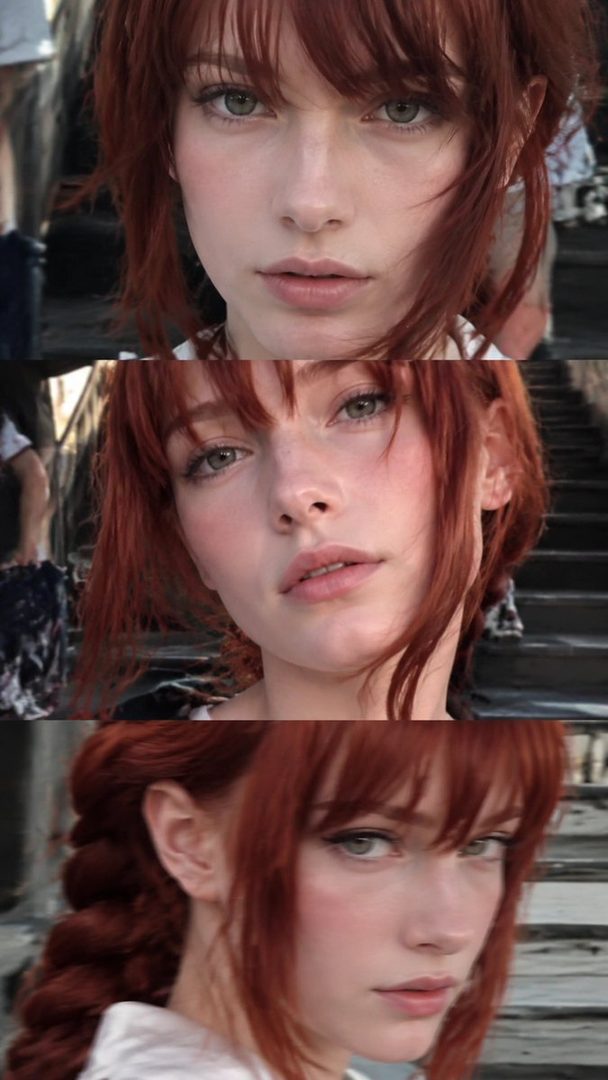 A photorealistic portrait of a woman with red hair and bangs, looking directly at the camera with a soft expression.