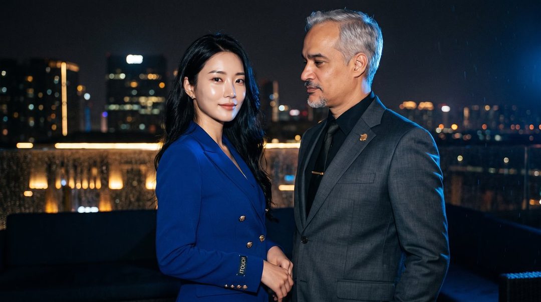 A woman in a blue suit and a man in a gray suit stand on a rooftop at night with city lights in the background.
