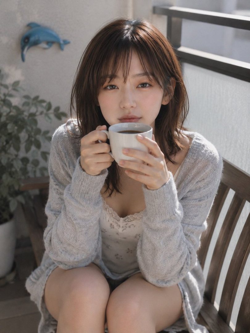 A young woman with brown hair and bangs, wearing a grey cardigan and a white camisole, sits on a wooden bench on a balcony, holding a white mug of coffee.