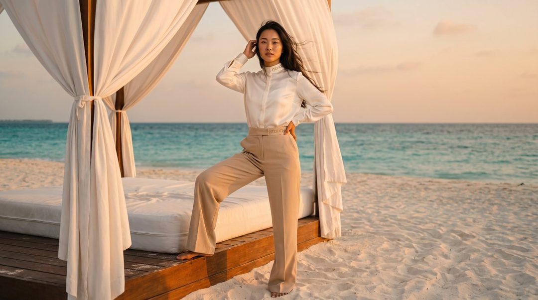 A Japanese woman in a white blouse and beige trousers poses elegantly on a beach cabana at golden hour.