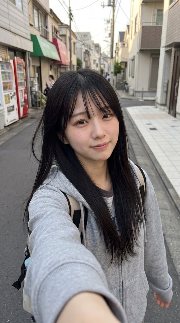 A young woman with long black hair and bangs takes a selfie on a street in a residential area, wearing a grey hoodie and a backpack.