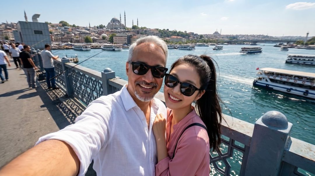 A man and a woman take a selfie on a bridge overlooking a city and a body of water with boats.