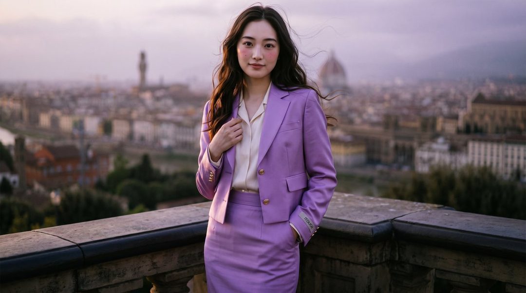 A Japanese woman in a lavender suit stands on a rooftop overlooking a city at golden hour.