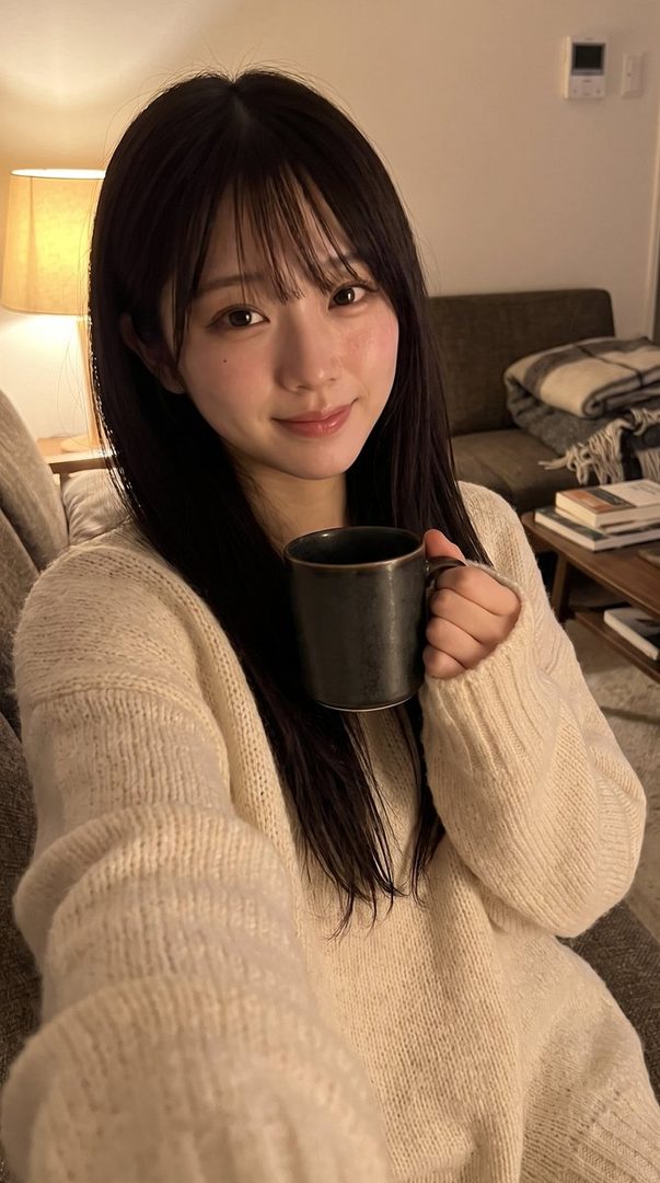 A young Japanese woman with long black hair and bangs, wearing a cream-colored sweater, takes a selfie while holding a mug in a cozy indoor setting.