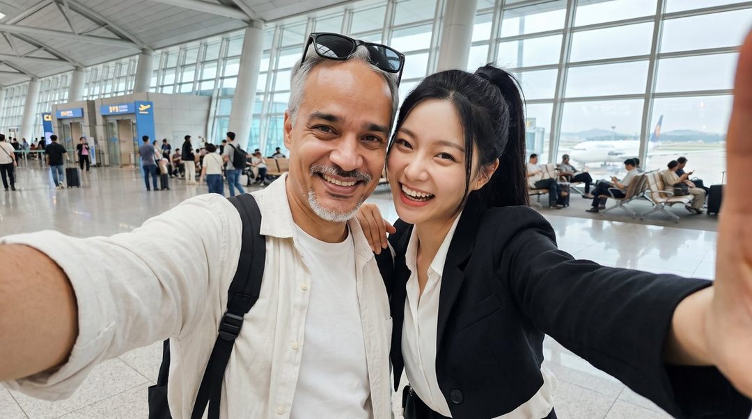 A man and a woman take a selfie at an airport, both smiling brightly at the camera.