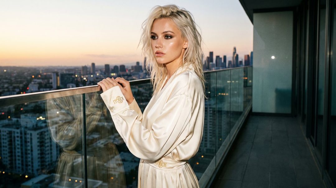 A blonde woman in a white robe stands on a balcony overlooking a city skyline at golden hour.