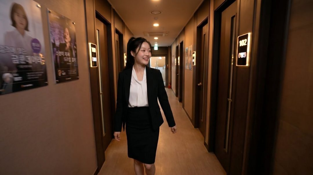 A young woman in a black suit and white blouse walks down a hallway, smiling.