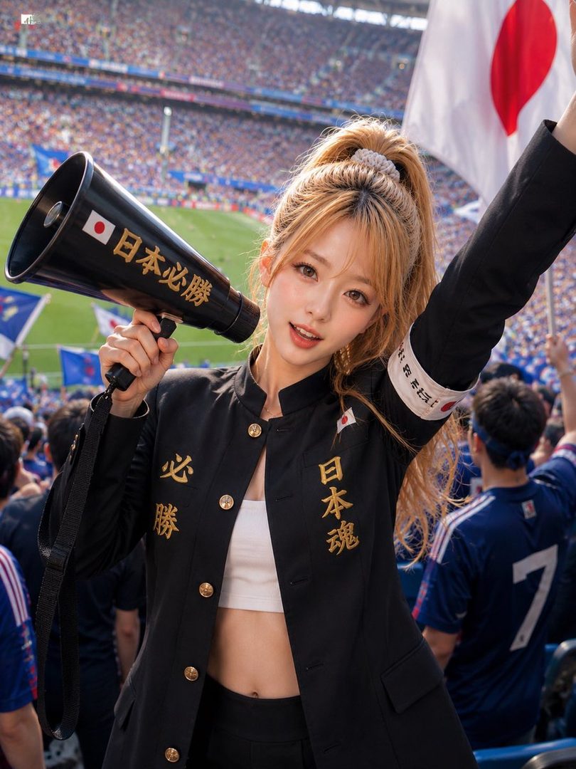 A blonde woman in a Japanese school uniform jacket and crop top holds a megaphone and a Japanese flag, cheering at a soccer stadium.