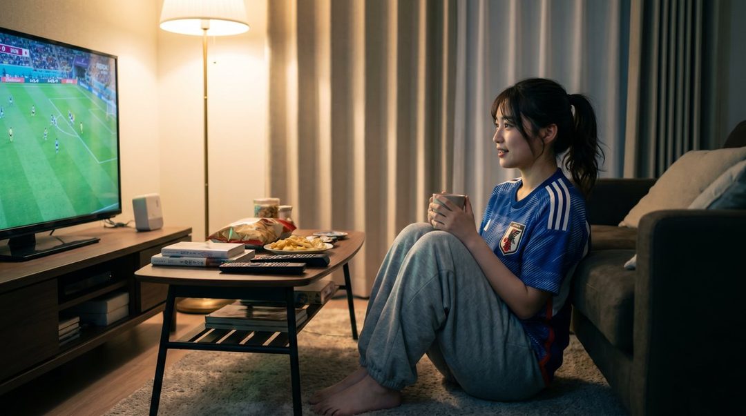 A young Japanese woman in a blue soccer jersey watches a football match on TV in her cozy living room at night.