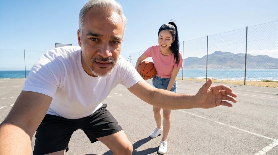 A man and a woman are playing basketball on an outdoor court by the sea, with the man in the foreground looking at the camera.