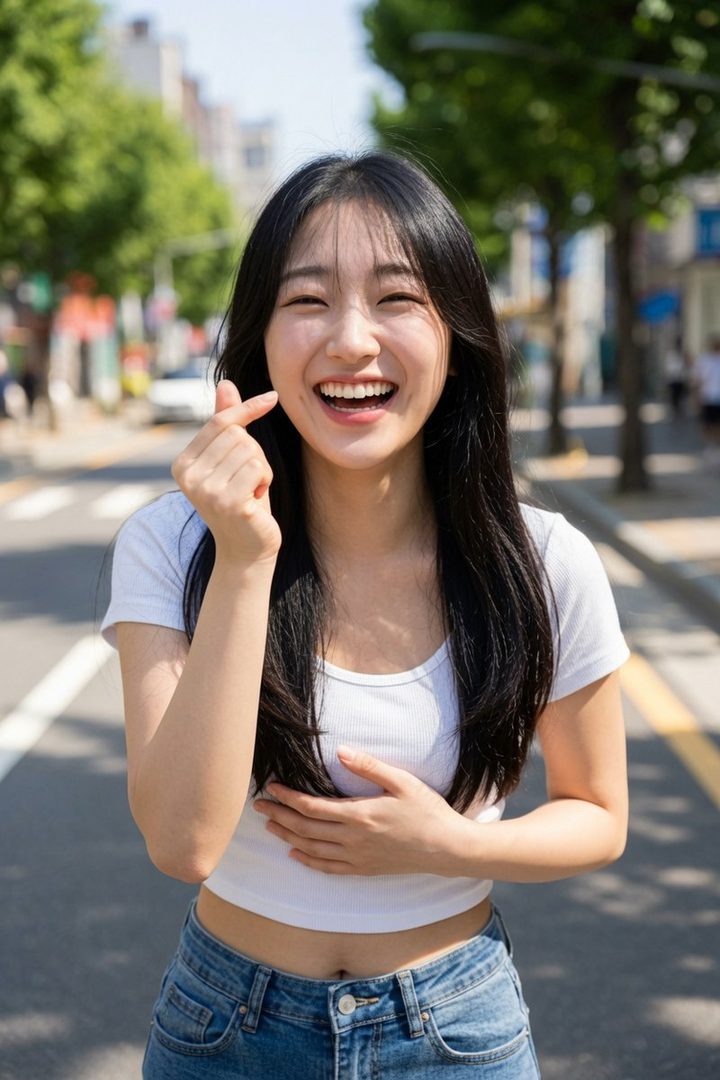 A young woman with long black hair, wearing a white crop top and jeans, smiles brightly and makes a finger heart gesture on a sunny street.