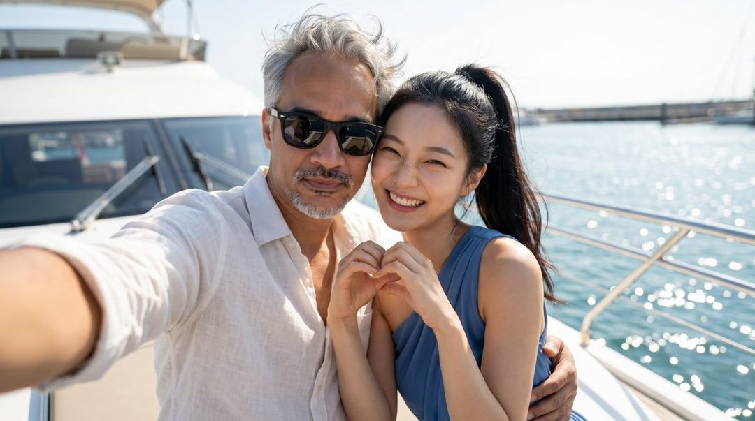 A man and a woman take a selfie on a yacht, with the woman making a heart shape with her hands.