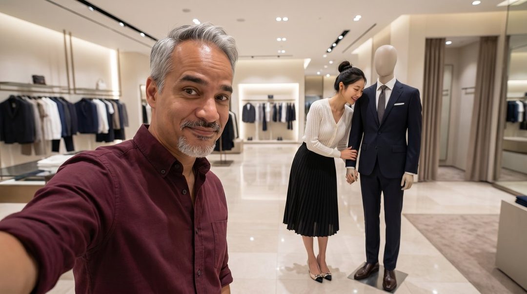 A man takes a selfie in a clothing store with a woman playfully interacting with a mannequin in the background.