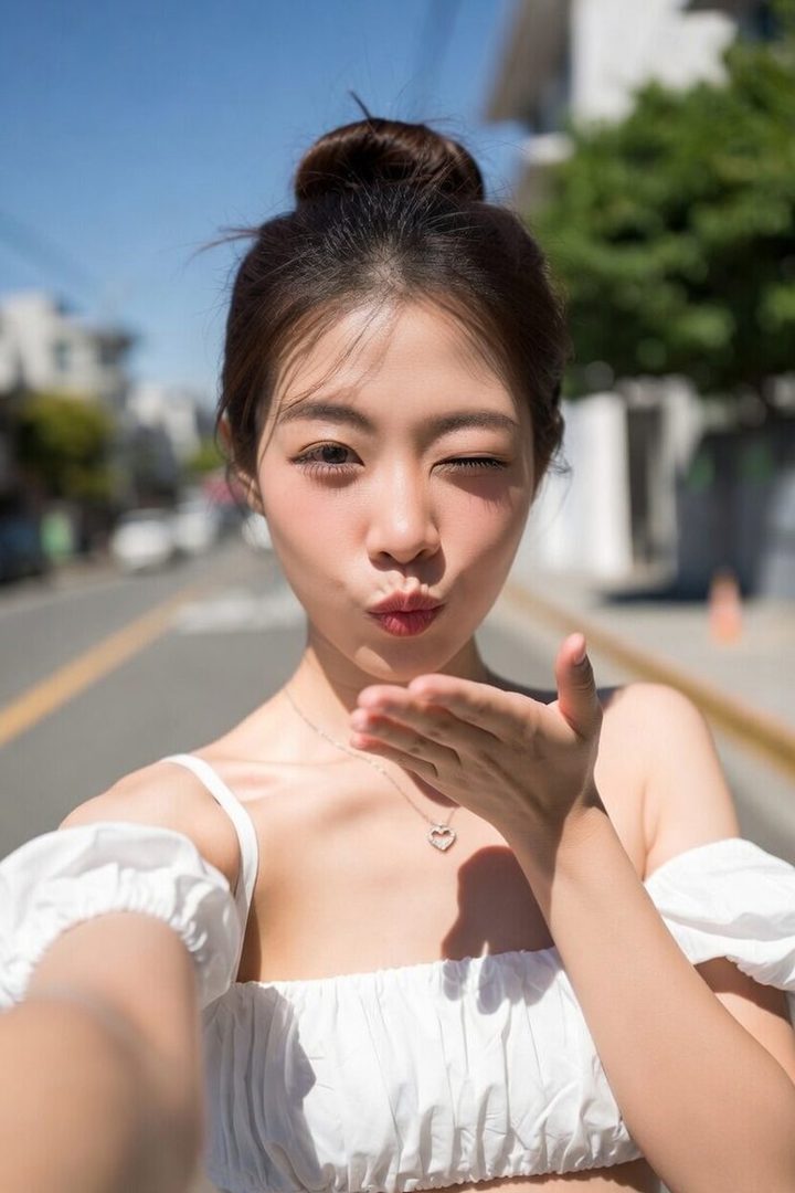 A young East Asian woman takes a selfie on a sunny street, winking and blowing a kiss to the camera.
