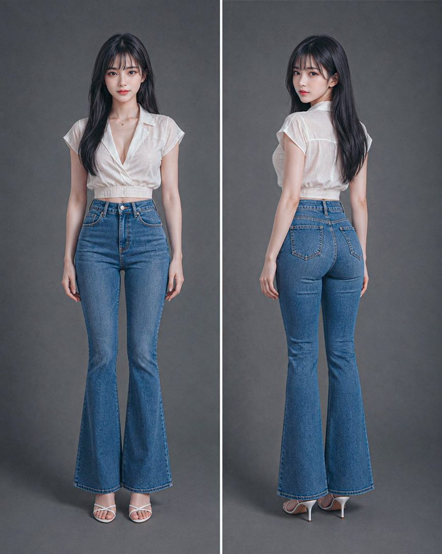 A woman with long black hair poses in a studio, wearing a white blouse and flared jeans, shown from the front and back.