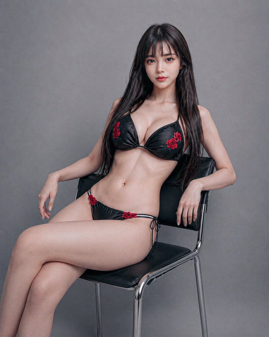 A woman with long black hair and bangs sits on a chair wearing a black bikini with red rose details.