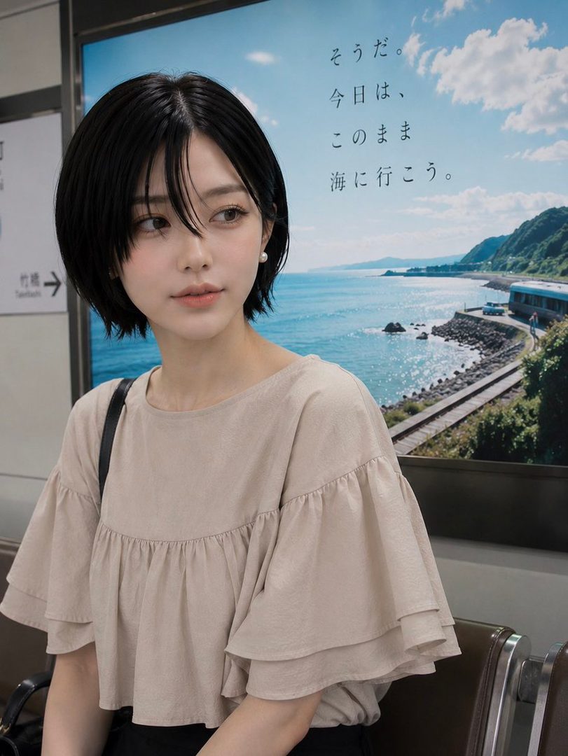 A young woman with short black hair and a ruffled beige top sits in a subway station, looking thoughtfully to the side with a seascape poster in the background.