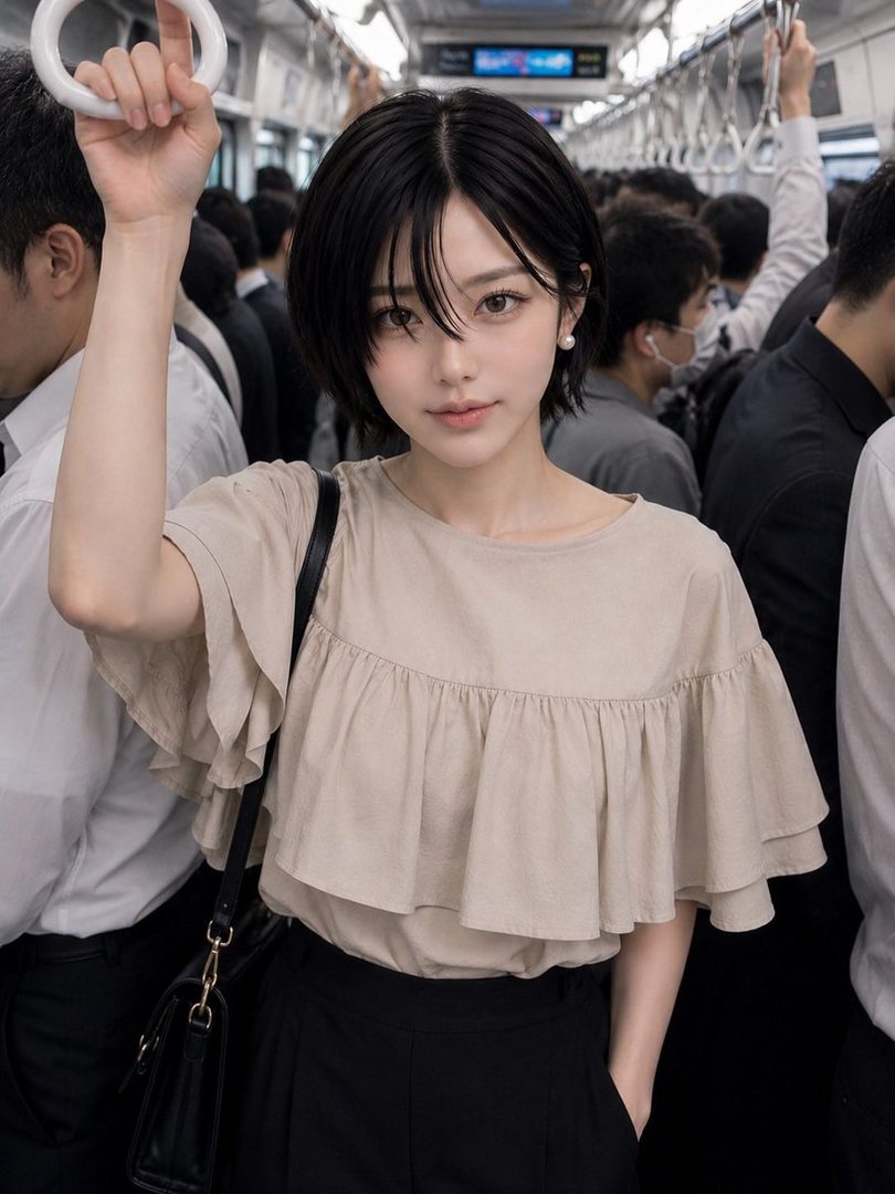 A young woman with short black hair and a beige ruffled top holds onto a strap in a crowded subway train, looking calmly at the camera.