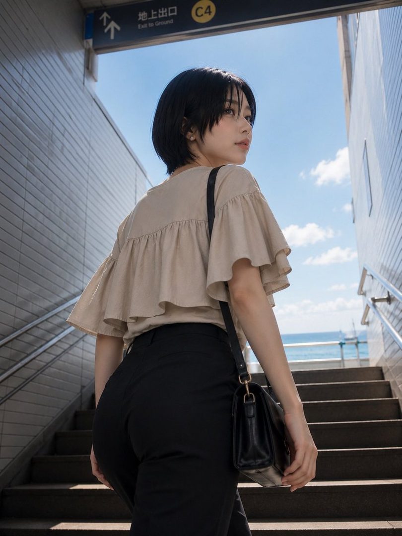 A young woman with short black hair and a ruffled beige top walks up subway stairs, looking back over her shoulder with a bright blue sky and ocean in the background.