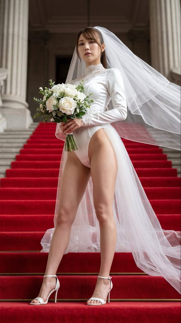 A woman in a revealing white bridal bodysuit and veil stands on a red carpeted staircase, holding a white rose bouquet.