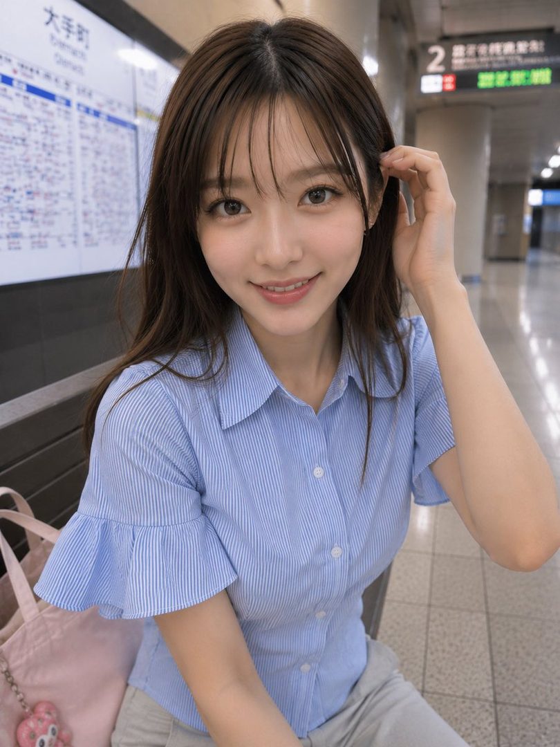 A young woman with long brown hair and bangs smiles at the camera while sitting in a subway station, wearing a light blue striped shirt.