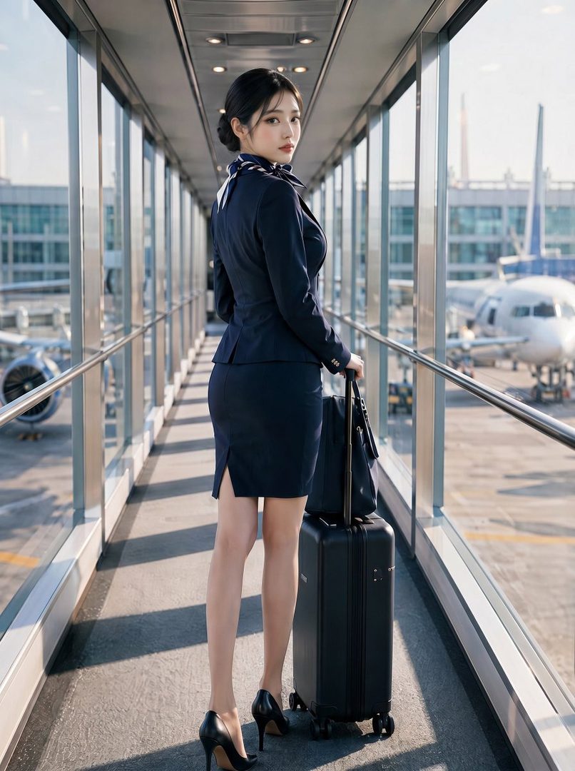 A woman in a dark blue flight attendant uniform stands in an airport jet bridge with a suitcase, looking back over her shoulder.