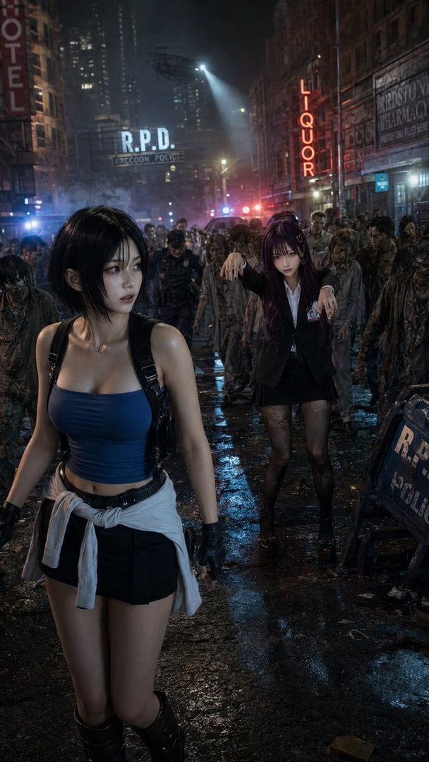 Two women in cosplay outfits walk through a zombie-infested city street at night, with one in a blue top and black shorts looking over her shoulder.